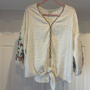Max Studio Peasant blouse with embroidered sleeve and Knot tie waist Size XL